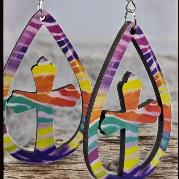 Wood Teardrop Drop Earrings With Cross In Multi Color - Picture 1 of 3